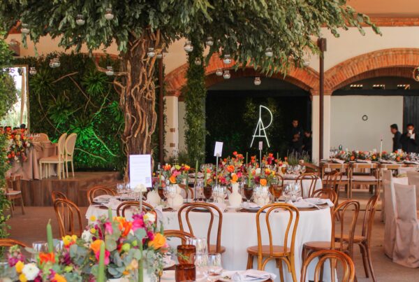 Montaje colorido para banquete al aire libre con mesas decoradas y ambiente natural, ideal para eventos sociales organizados por Ambrosía.