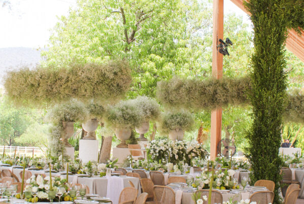 Montaje de boda con mesas elegantes y decoración floral al aire libre